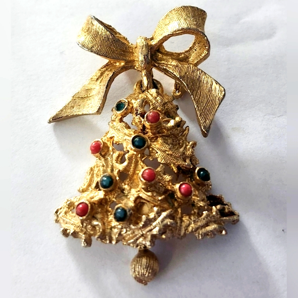 Vtg 1960s Ljm Laurentian Articulated Gold Tone Bell Bow Pin Brooch